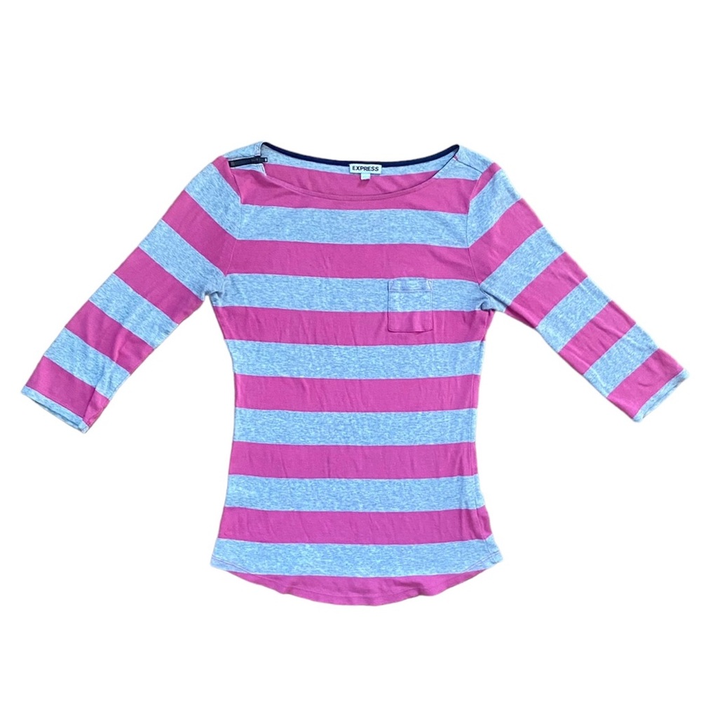 Express Women Top 3/4 Sleeve T-shirt S P Striped Tee Pink Gray Vintage Y2K Small